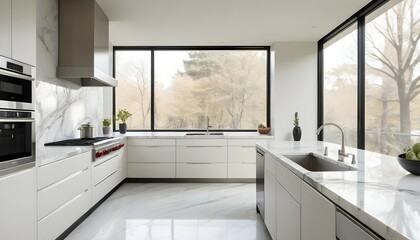 Fototapeta na wymiar A sleek, minimalist kitchen with stainless steel appliances and marble countertops, bathed in natural light from large windows.