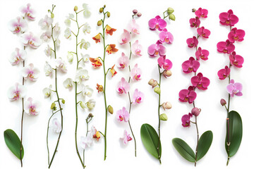 Set of colourful orchids isolated on a white background. Flat lay, top view