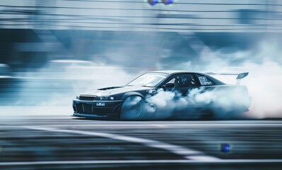 A car drifts with smoking tires on the race track