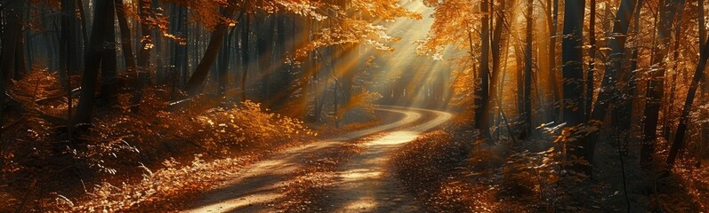 A forest road in the autumn season with sunlight shining through trees