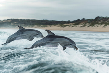 Fototapeta premium Dolphins jumping out of the water on the beach