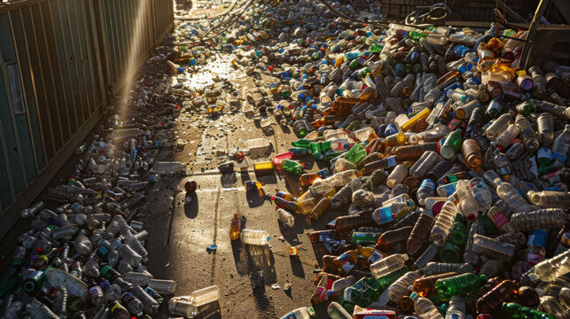 Sunlight streaming over a sprawling landfill cluttered with discarded plastic bottles, highlighting waste issues