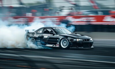 Black vehicle drifting on track with smoking tires