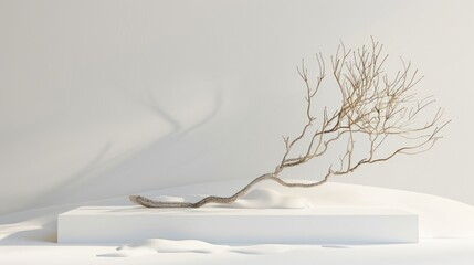illustration of a white podium for displaying objects or as a display in a view of white sand and dry tree branch decorations.