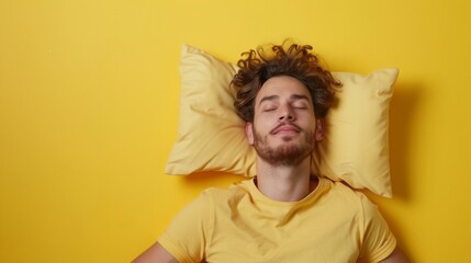 a young man sleeping on pillow isolated on pastel yellow colored background Sleep deeply peacefully...