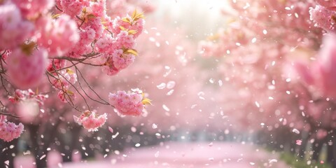 Cherry blossoms in full bloom, with petals gently falling in the soft breeze, creating a dreamlike atmosphere under a warm spring light