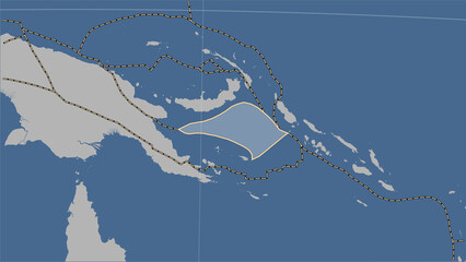 Volcanoes around the Solomon Sea plate. Contour map