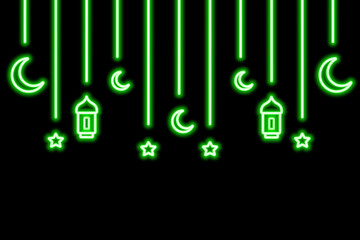 Garland for Ramadan. Green neon glow. Crescent, star, lantern and Moroccan candlesticks. Color vector illustration. Isolated black background. Hanging holiday decoration