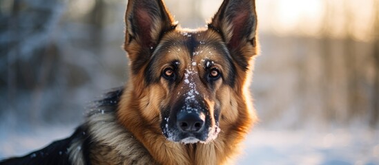 A German Shepherd dog, a member of the Herding dog group, is standing in the snow, with its carnivore snout looking at the camera - obrazy, fototapety, plakaty