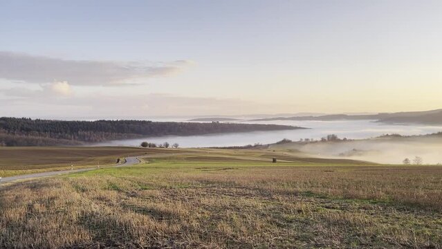 panorama video of light blanket of fog in the Rheinland-Falz region of Germany