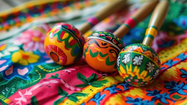 Colorful painted wooden maracas on a colorful table cloth with Mexican patterns