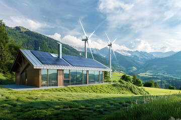 Eco-Friendly Industrial Revolution: Modern Factory Powered by Solar Energy and Wind Turbines in Green Landscape