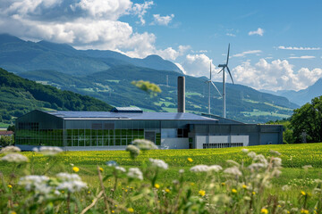 Sustainable Manufacturing in Nature's Embrace: Green Valley Factory with Solar Panels and Wind Turbines