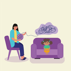 Child psychiatrists work with small girl. Psychological consultation in a hospital, school or kindergarten. Kid psychology after domestic violence or accident concept. illustration,vector