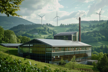 Experience eco-friendly industrial innovation with a modern factory powered by solar and wind energy in a scenic green valley