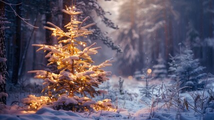background of pine trees decorated with lights for Christmas celebration in the forest in winter.