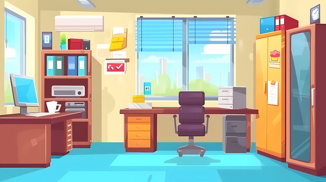 Cabinet, Office, Workplace, Home Furniture Used For Remote Work - A Cartoon Of A Room With A Desk And A Chair