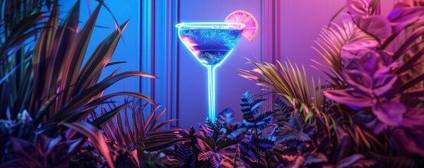 Neon Nights. Premium Nightclub Party Poster with Cocktail Symbol and Lush Plant Surroundings in Blue and Purple.