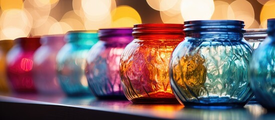 An array of vibrant mason jars, made of glass, filled with liquid and colorful petals, serving as decorative fixtures for an event - obrazy, fototapety, plakaty