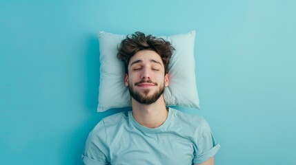 a young man sleeping on pillow isolated on pastel blue colored background Sleep deeply peacefully rest. Top above high angle view photo portrait of satisfied .senior wear blue  shirt