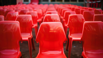 Rows of red plastic chairs in an empty stadium