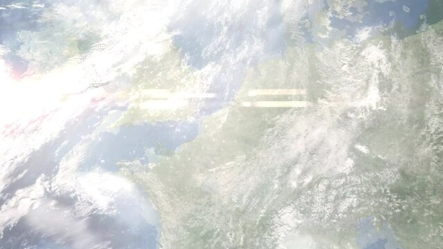 Zoom in from space and focus on Mons-en-Bareul, France. 3D Animation. Background for travel intro. Elements of this image furnished by NASA	