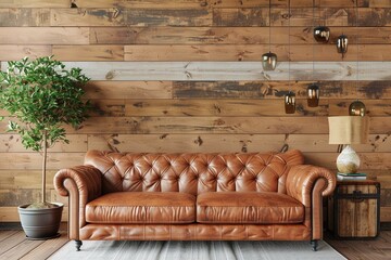 Interior living room wall mockup with leather sofa and décor on wooden wall background.3d rendering