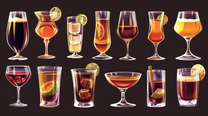 various brandy glasses with ice cubes isolated on black background.