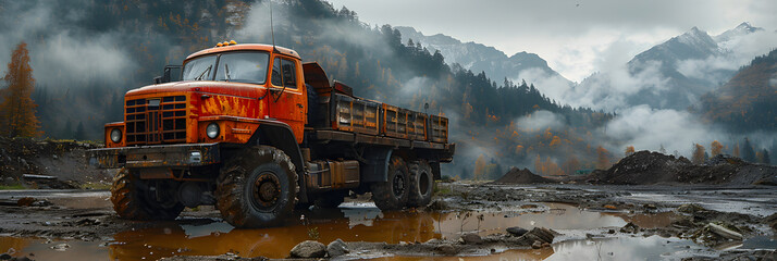 Dam Truck on a Building Project,
Articulated dump truck navigating through rough terrain in a quarry