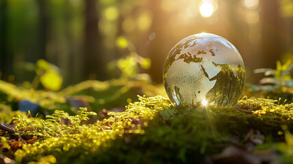 Obraz na płótnie Canvas Crystal globe putting on moss, ecology and environment sustainable concept.