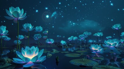 Fototapeta na wymiar Illustration of a beautiful blooming lotus flower illuminated by starlight and moonlight.