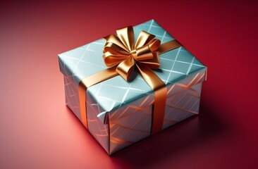 Obraz premium Light blue gift box with gold ribbon bow isolated on red background