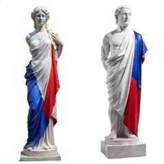 France statue of a man and women, carved from white marble stone, wrapped in the fabric of the italy flag  isolated on a white background