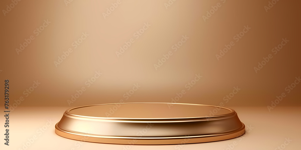 Poster abstract beige background with empty podium - a gold round platform with a white border
