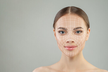 Clear female face with healthy skin and cosmetology lines, medicine and plastic surgery concept - 763179205