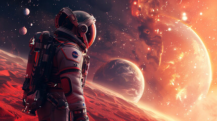 An explorer in a spacesuit stands against the surface of an unknown planet, gazing at large planets and stars. The red terrain and dramatic sky create an ambiance of adventure and discovery 