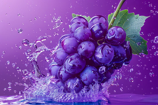 A bunch of purple grapes are floating in a pool of water. The grapes are surrounded by water droplets, creating a sense of movement and freshness. The image conveys a feeling of abundance.