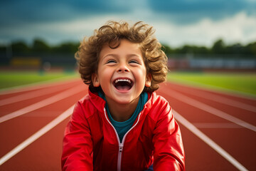 Uncontainable Joy: Child Laughing Heartily on a Running Track