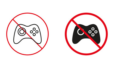 Obraz premium Game Pad Console Line and Silhouette Icons. Gamepad Control Not Allowed, Ban Joystick Warning Sign Set. Video Game Forbidden Zone Symbol. Isolated Vector Illustration