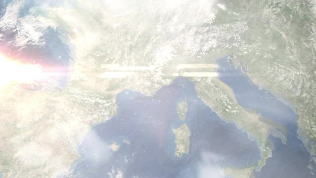 Zoom in from space and focus on Mandelieu-la-Napoule, France. 3D Animation. Background for travel intro. Elements of this image furnished by NASA	