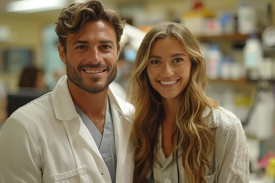 a man and a woman are posing for a picture in a lab coat - Powered by Adobe