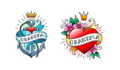 Set of Classic tattoo. Heart with flowers and ribbon with the word grandma. Anchor with rope and ribbon with the word grandpa.  Classic old school American retro tattoo. Vector illustration.