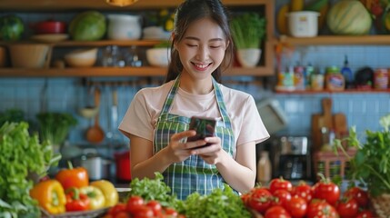 Happy Asian lady in the kitchen with new groceries, utilizing her smartphone. Generative Ai