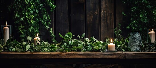 A wooden table adorned with candles and greenery, creating a serene atmosphere. The mix of terrestrial plants and foliage brings a touch of nature to any event or space - obrazy, fototapety, plakaty