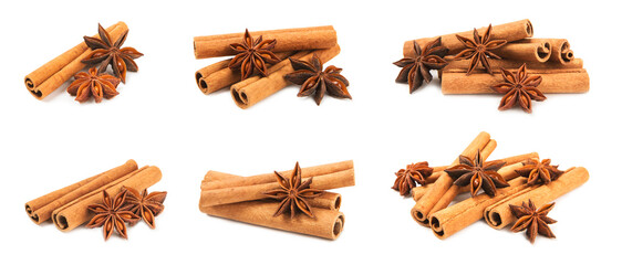Cinnamon sticks and anise isolated on white background. Cinnamon roll and star anise. Spicy spice for baking, desserts and drinks. Fragrant ground cinnamon.