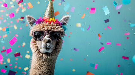 Happy Birthday, carnival, ,Alpaca with party hat and sunglasses on blue background