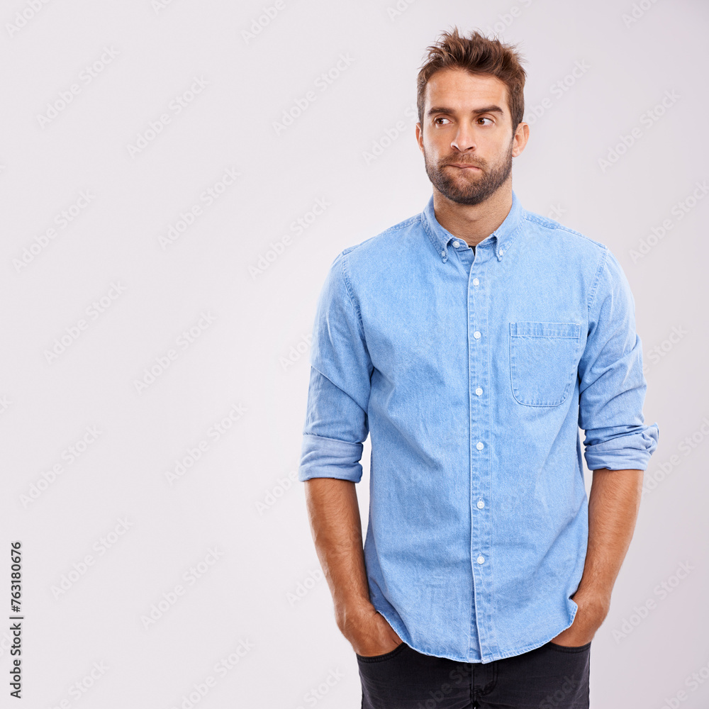 Aufkleber Thinking, doubt and man in studio with why, questions or brainstorming solution on white background. Idea, planning and curious male model with problem solving memory, remember or reflection gesture