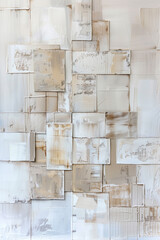 Contemporary Abstract Art: Beige and White Painting with Wooden Squares