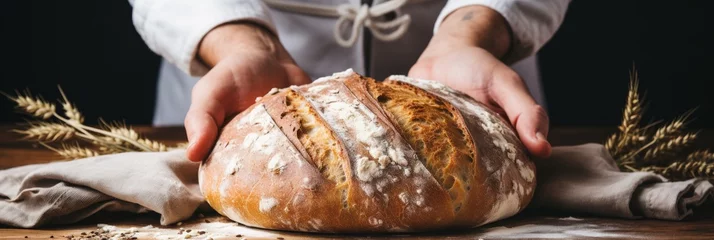 Crédence de cuisine en verre imprimé Pain Male hands baking bread banner on blurred white kitchen background with copy space