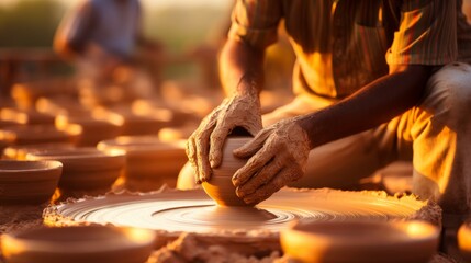 Pottery making. Skilled hands crafting clay pots with copy space on blurred white background